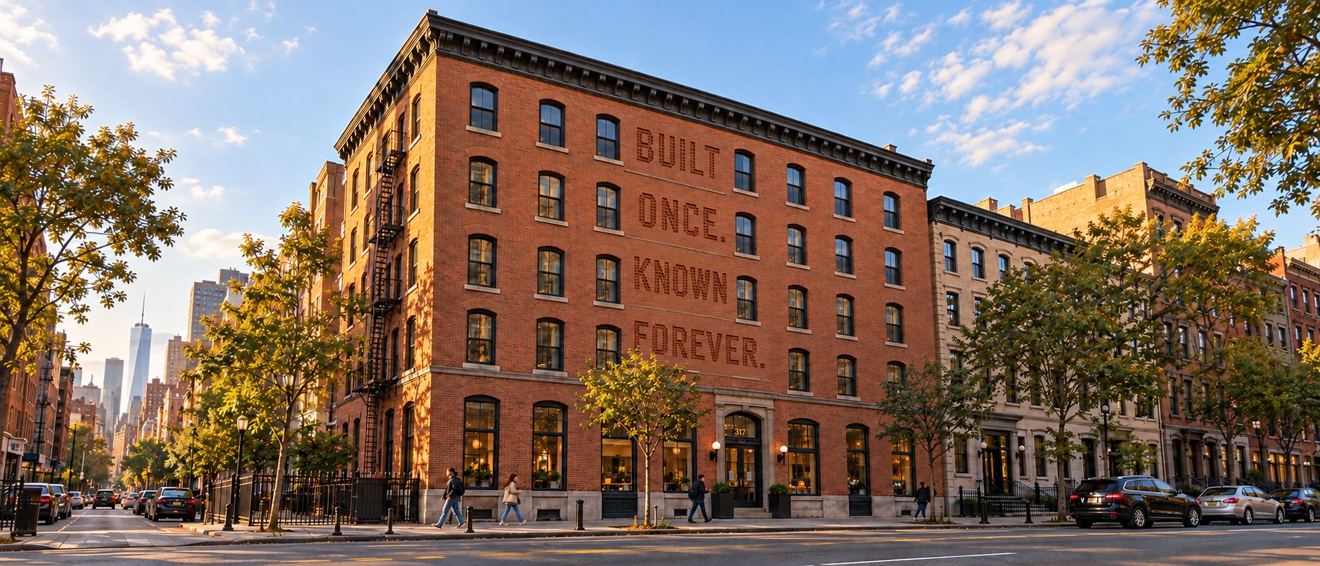 A brick apartment building on a tree-lined street, with the words "Built once. Known forever." on its facade