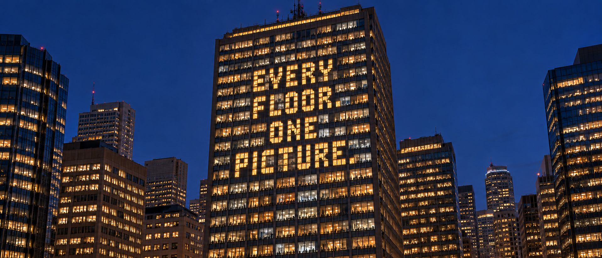 An office tower at dusk whose lit windows spell "Every floor. One picture."