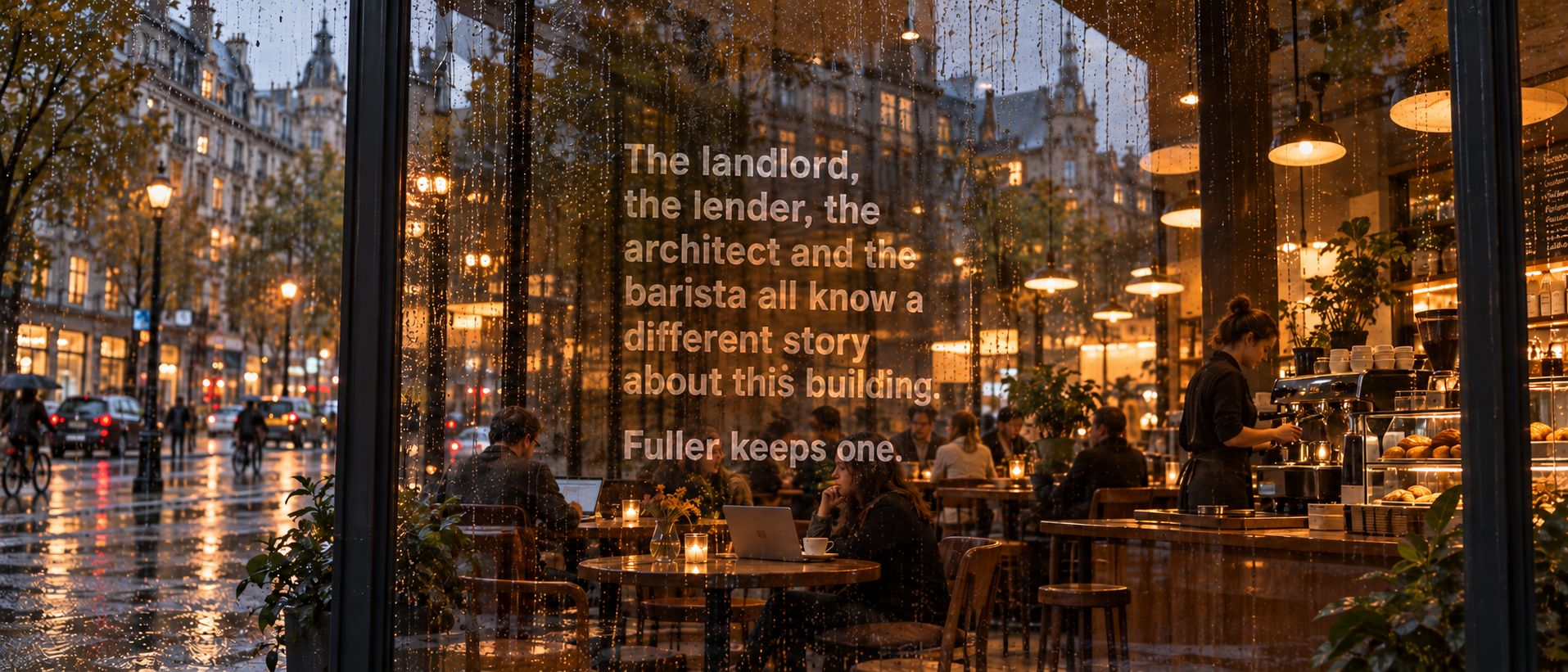 A rainy café window at night with the words "The landlord, the lender, the architect and the barista all know a different story about this building. Fuller keeps one." painted on the glass