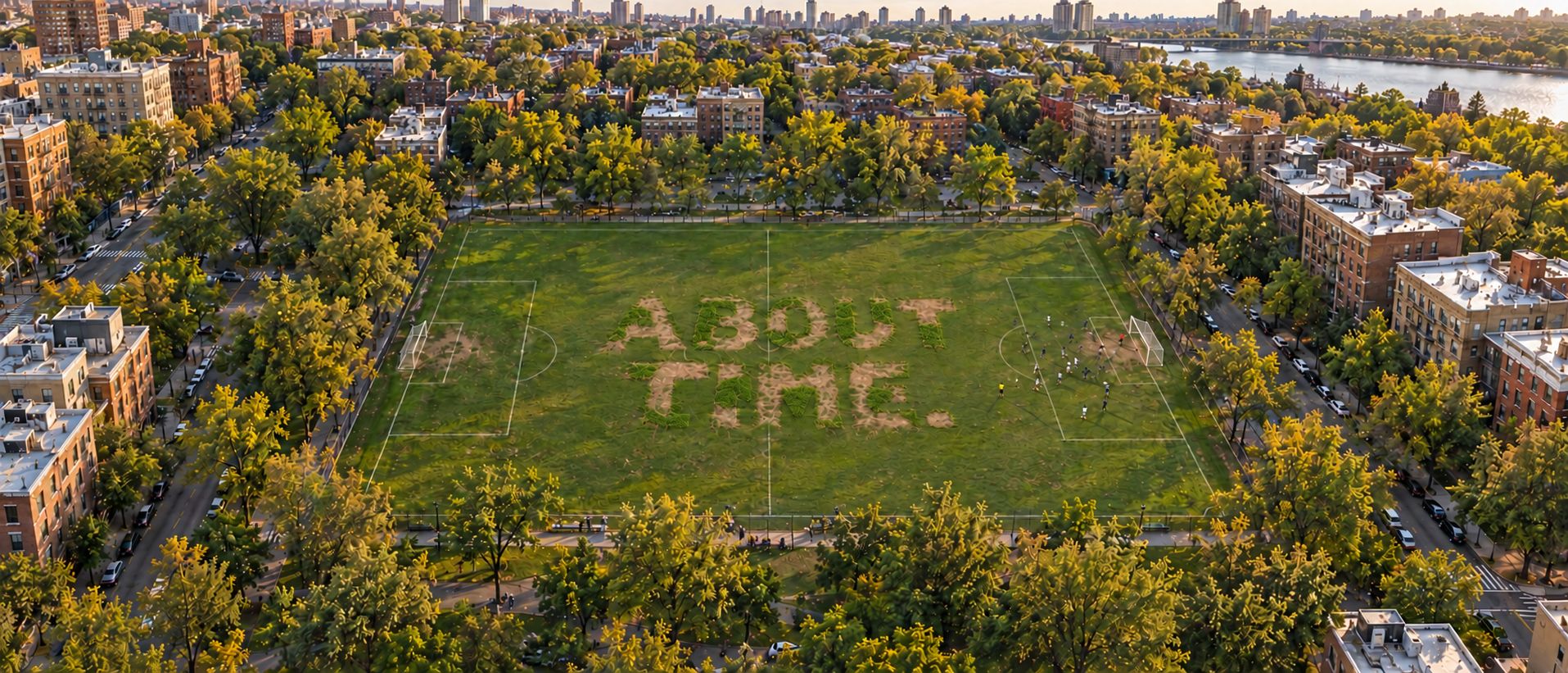 An aerial view of a neighborhood park where the grass of a soccer field is mown to read "About time."