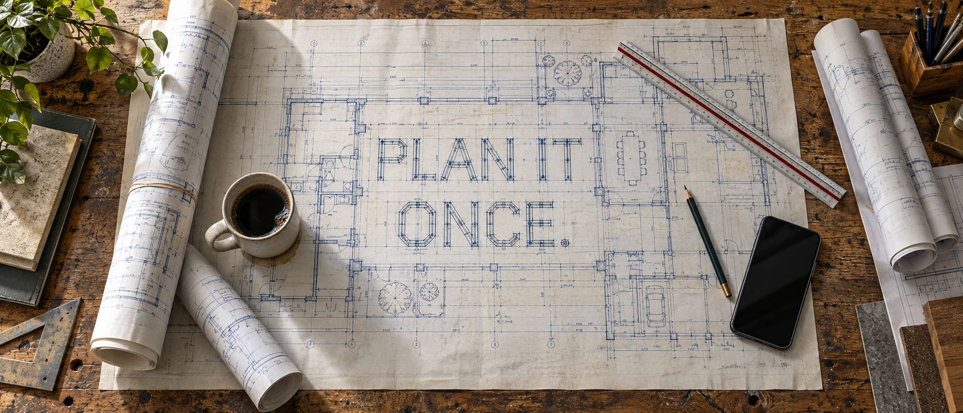 A drafting table covered in blueprints, with "Plan it once." drawn on the main sheet