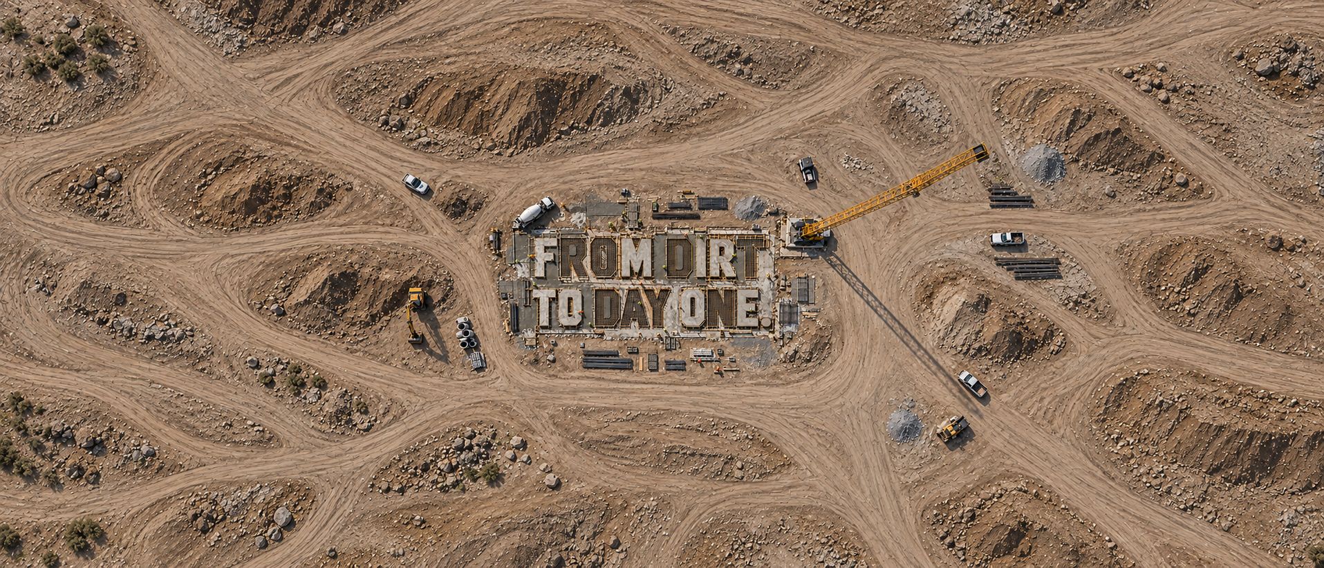 An aerial view of a graded construction site where building materials spell "From dirt to day one."