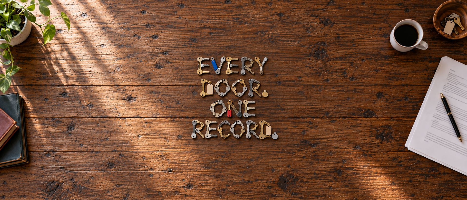A wooden desk with keys arranged to spell "Every door. One record." beside a ledger