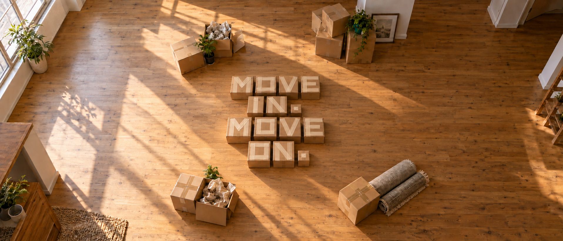 A sunlit empty apartment where moving boxes spell "Move in. Move on."