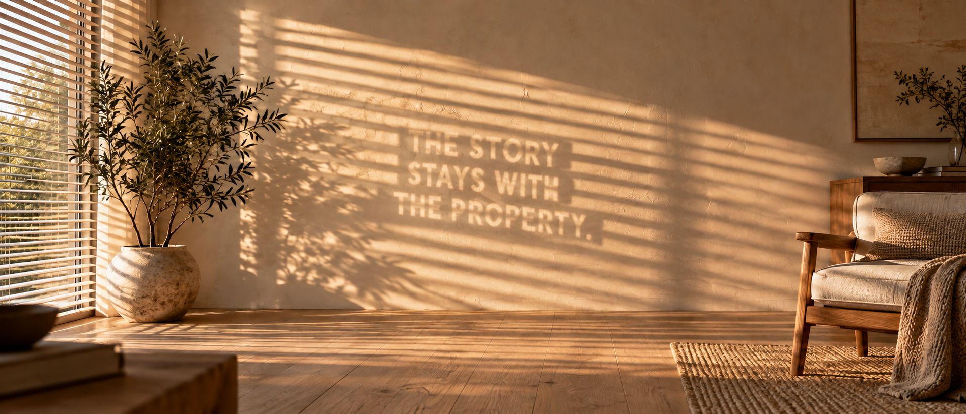 Sunlight through window blinds casting the words "The story stays with the property." onto a living-room wall