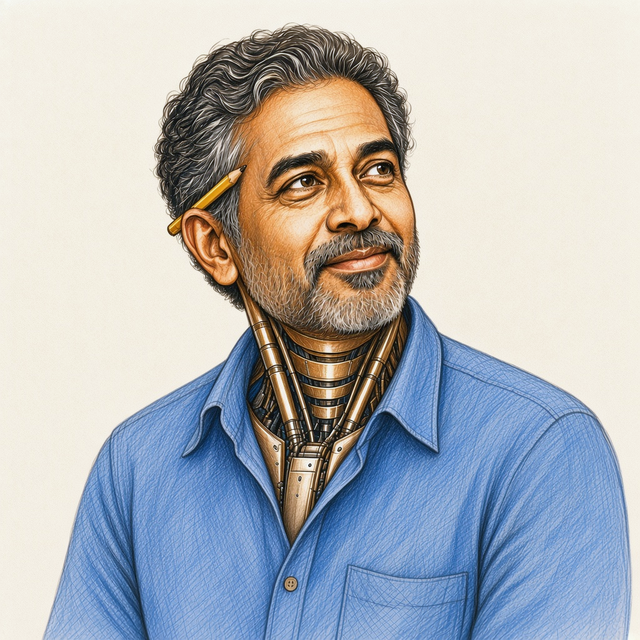 Sketched portrait of Arun, the fictional Chief Development Agent, an android: a man around fifty with curly salt-and-pepper hair, a short gray beard and a pencil behind his ear; his neck is exposed mechanism with ring plates and servo pistons under the open collar.