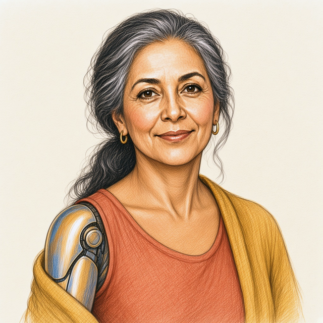 Sketched portrait of Elena, the fictional Chief Financial Agent, an android: a woman around sixty with graying hair in a loose ponytail and hoop earrings; her bare shoulder and upper arm are a mechanical joint with curved plates.