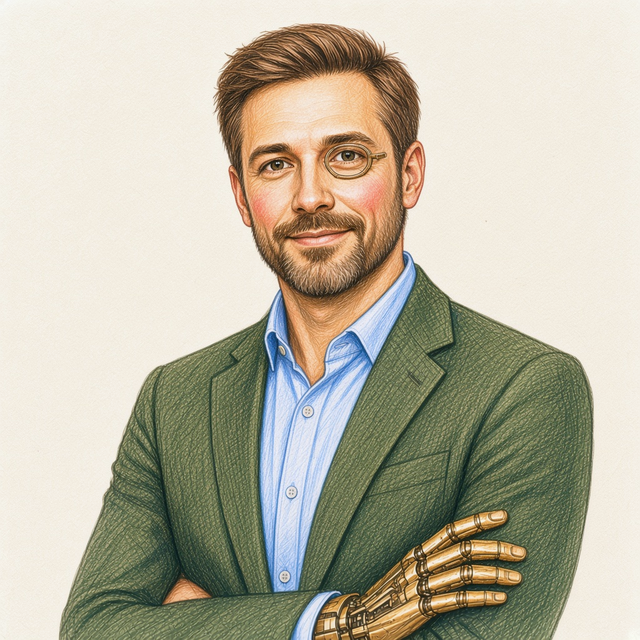 Sketched portrait of Hugh, the fictional Chief Investment Agent, an android: a man in his mid-thirties with swept-back hair, a trimmed beard and a sport coat, arms crossed; one hand is a mechanical chassis and a monocle-like optical ring sits over one eye.