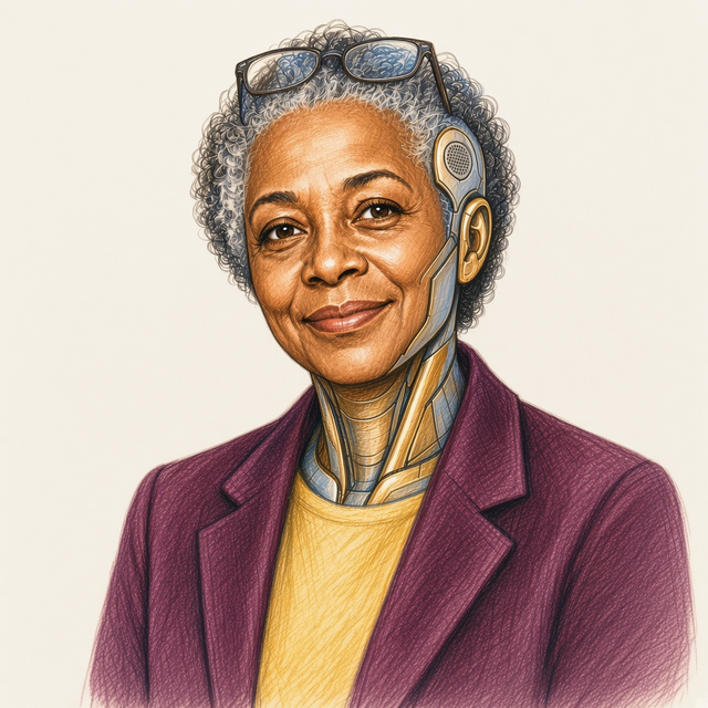 Sketched portrait of Nora, the fictional Chief Operating Agent, an android: an older woman with short silver curls and glasses pushed up; one ear is a synthetic module with a speaker grille, with plated seams down her jaw and neck.