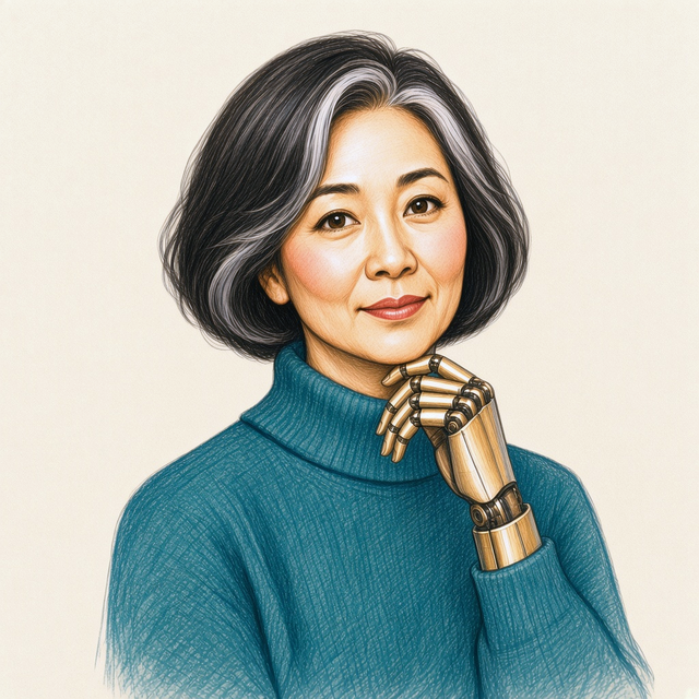 Sketched portrait of Mei, the fictional Chief Portfolio Agent, an android: a woman in her late thirties with a dark bob, a silver streak and a turtleneck; the hand at her chin and her wrist are a jointed robotic chassis.