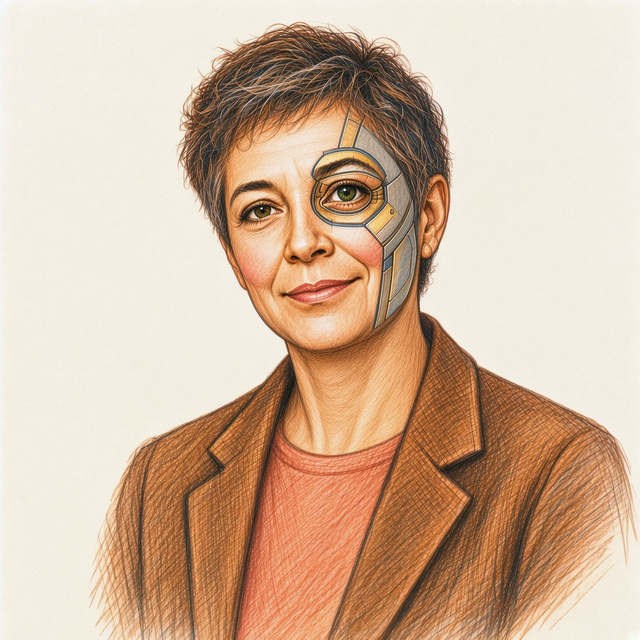 Sketched portrait of Atlas, the fictional Chief Technology Agent, an android: a person in their mid-forties with short tousled dark hair and a blazer; segmented plates frame one eye, which is an optical lens.